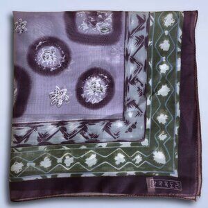 Vintage Square Scarf Batik Floral Abstract Mauve Olive Green White | 20"x20"